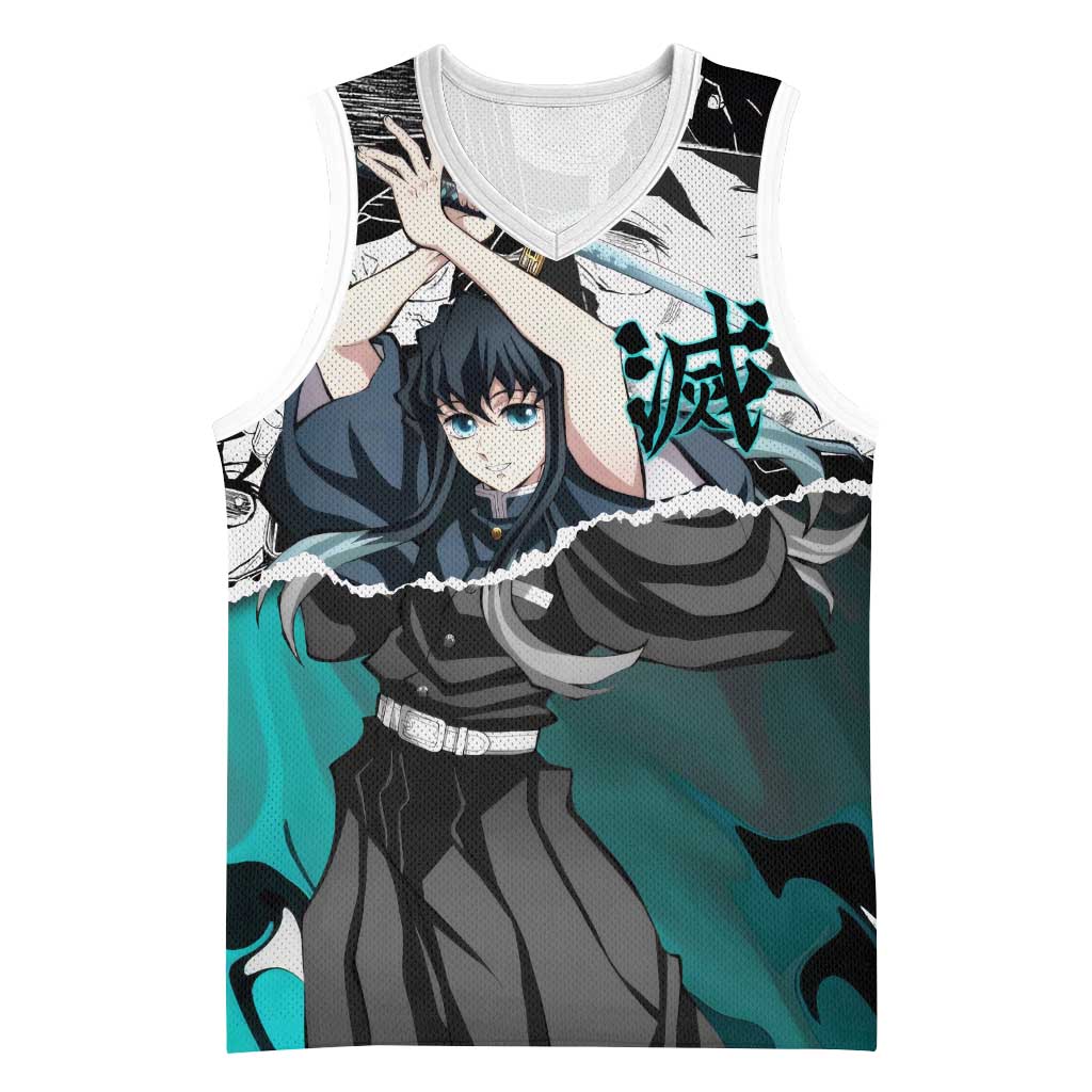 Muichiro Tokito Demon Slayer Mist Hashira Design Basketball Jersey with Manga Panels and Teal Sword Art - The Mazicc