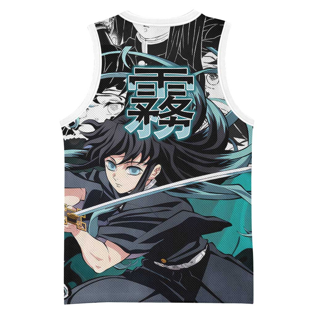 Muichiro Tokito Demon Slayer Mist Hashira Design Basketball Jersey with Manga Panels and Teal Sword Art - The Mazicc