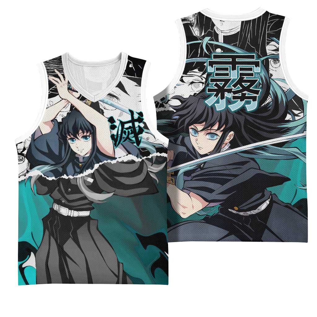Muichiro Tokito Demon Slayer Mist Hashira Design Basketball Jersey with Manga Panels and Teal Sword Art - The Mazicc