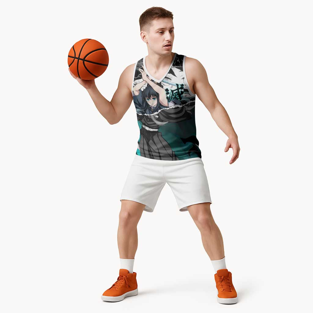 Muichiro Tokito Demon Slayer Mist Hashira Design Basketball Jersey with Manga Panels and Teal Sword Art - The Mazicc