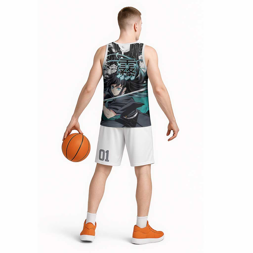 Muichiro Tokito Demon Slayer Mist Hashira Design Basketball Jersey with Manga Panels and Teal Sword Art - The Mazicc