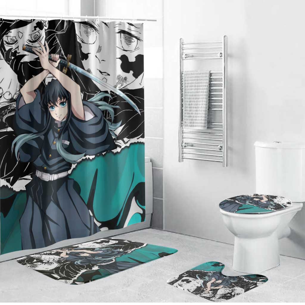 Muichiro Tokito Demon Slayer Mist Hashira Design Bathroom Set with Manga Panels and Teal Sword Art - The Mazicc