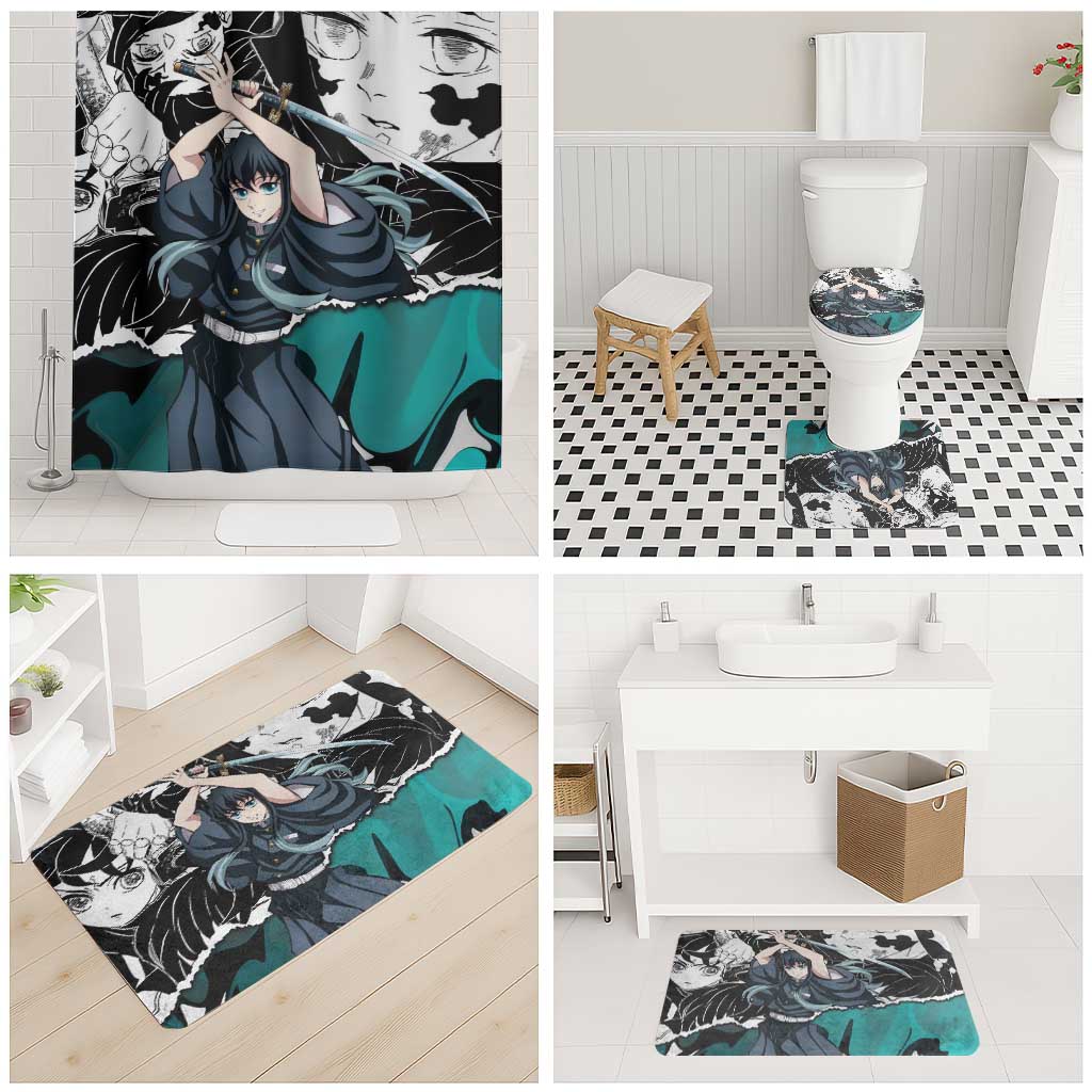 Muichiro Tokito Demon Slayer Mist Hashira Design Bathroom Set with Manga Panels and Teal Sword Art - The Mazicc