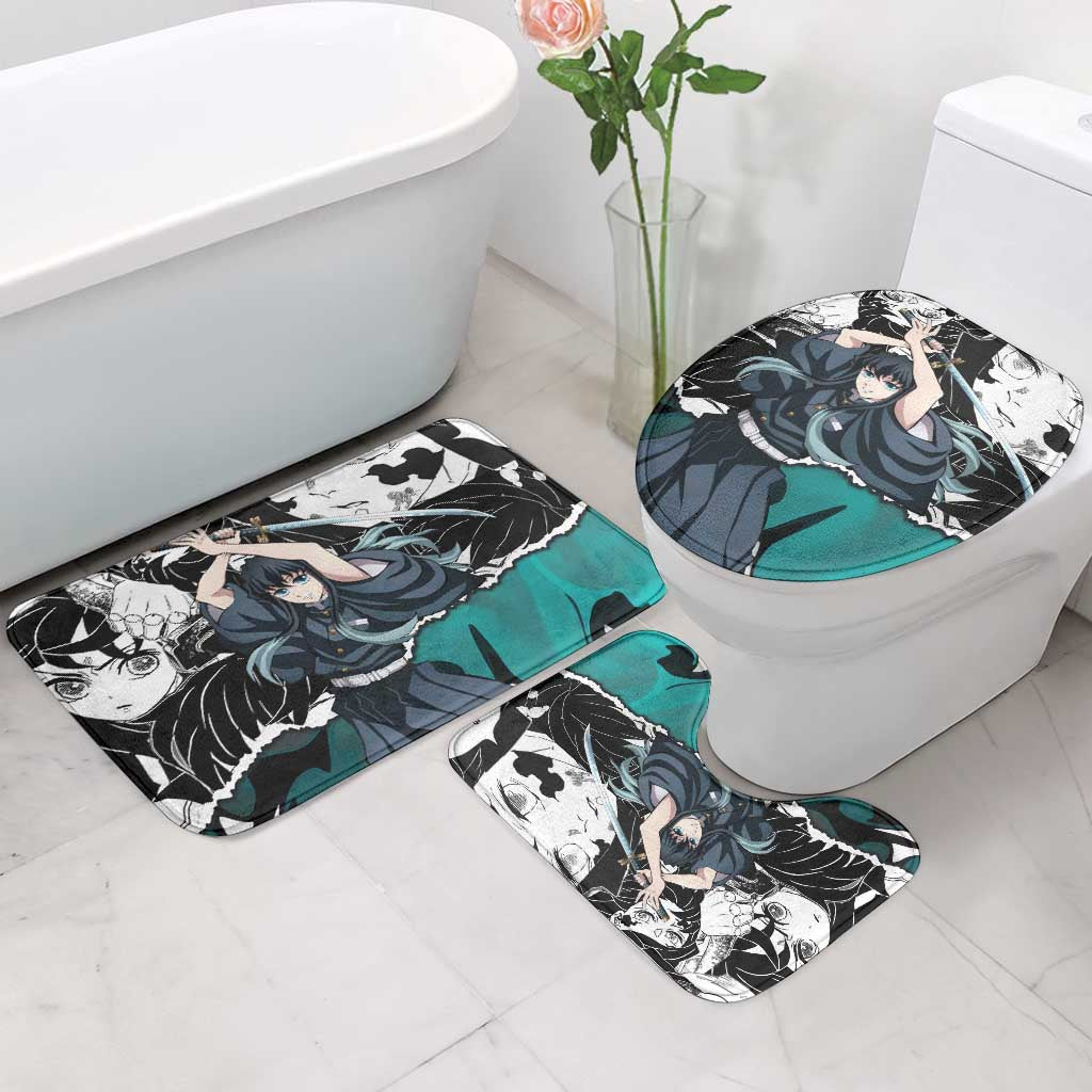 Muichiro Tokito Demon Slayer Mist Hashira Design Bathroom Set with Manga Panels and Teal Sword Art - The Mazicc