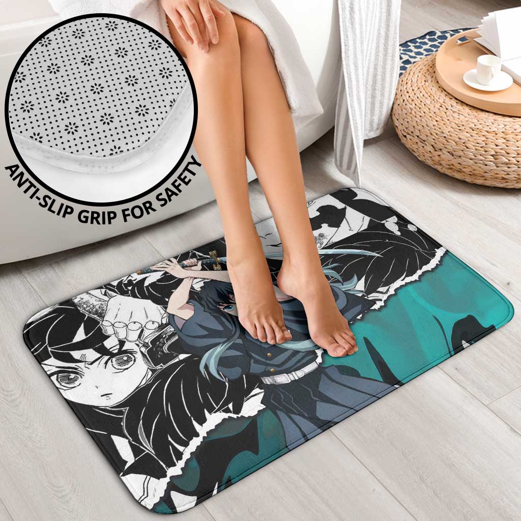Muichiro Tokito Demon Slayer Mist Hashira Design Bathroom Set with Manga Panels and Teal Sword Art - The Mazicc