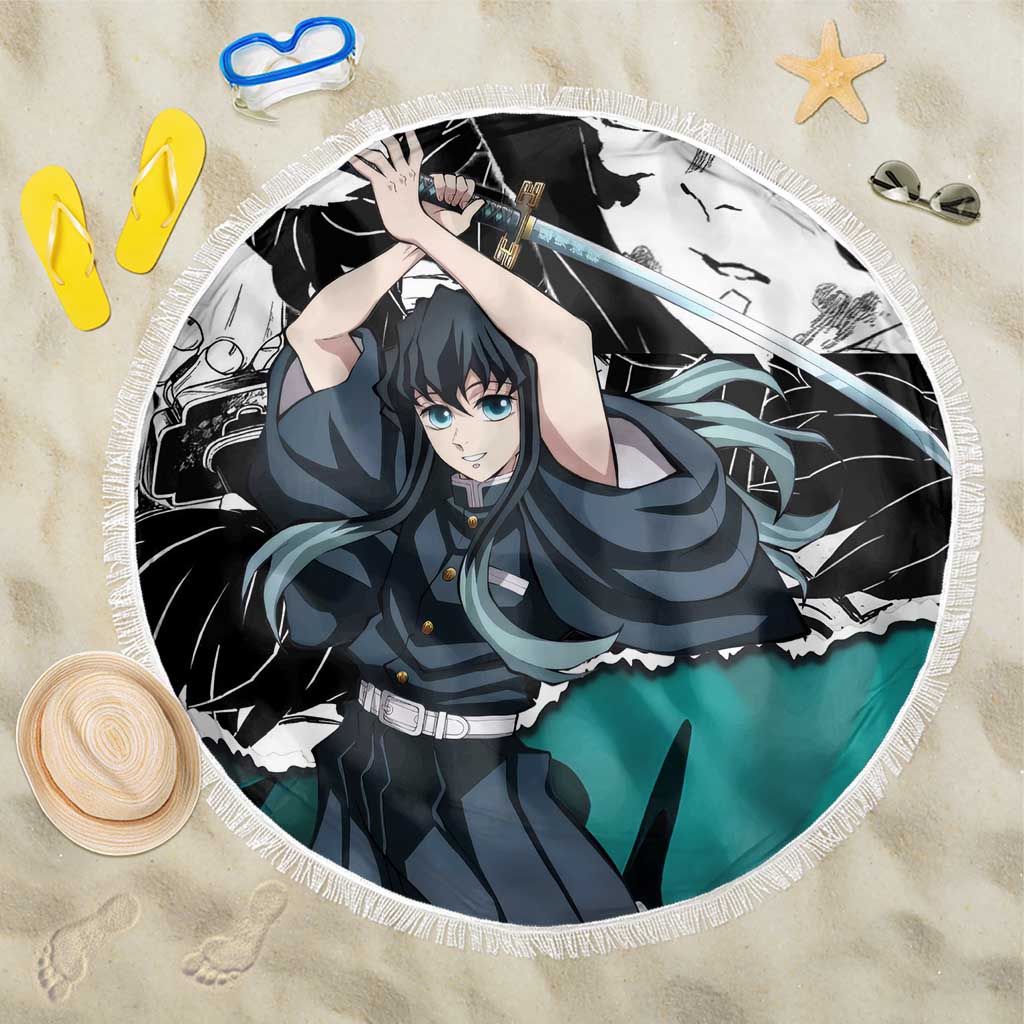 Muichiro Tokito Demon Slayer Mist Hashira Design Beach Blanket with Manga Panels and Teal Sword Art - The Mazicc