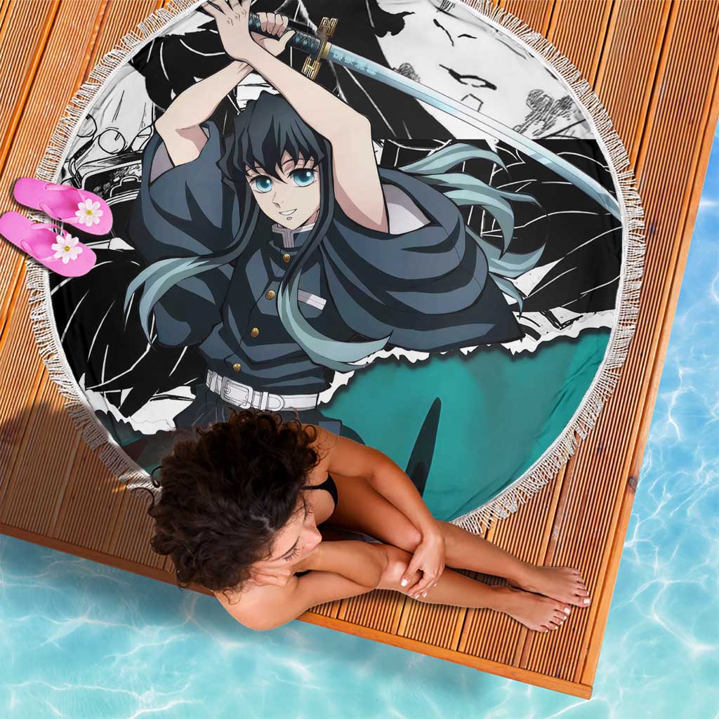 Muichiro Tokito Demon Slayer Mist Hashira Design Beach Blanket with Manga Panels and Teal Sword Art - The Mazicc