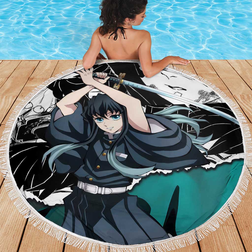 Muichiro Tokito Demon Slayer Mist Hashira Design Beach Blanket with Manga Panels and Teal Sword Art - The Mazicc
