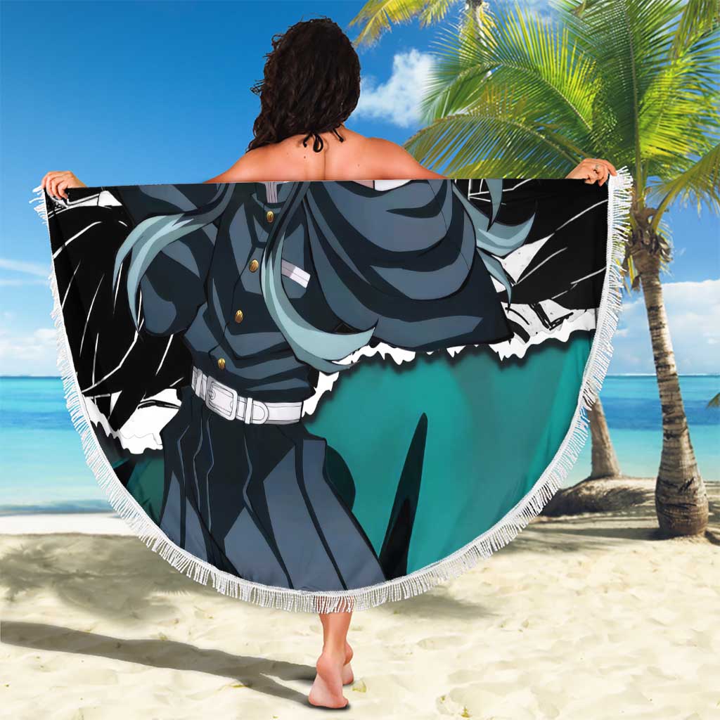 Muichiro Tokito Demon Slayer Mist Hashira Design Beach Blanket with Manga Panels and Teal Sword Art - The Mazicc