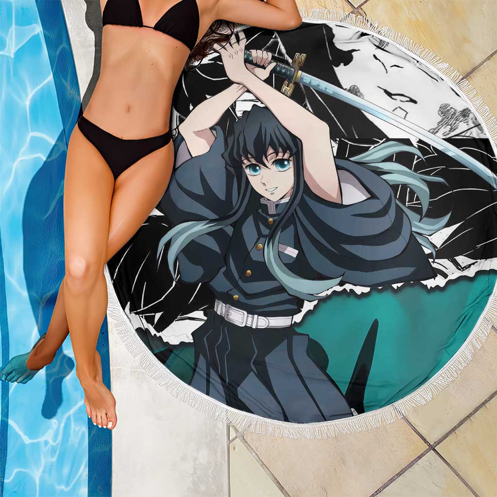 Muichiro Tokito Demon Slayer Mist Hashira Design Beach Blanket with Manga Panels and Teal Sword Art - The Mazicc