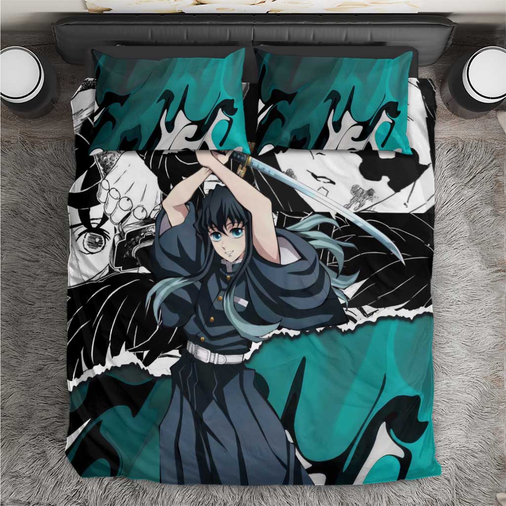 Muichiro Tokito Demon Slayer Mist Hashira Design Bedding Set with Manga Panels and Teal Sword Art - The Mazicc