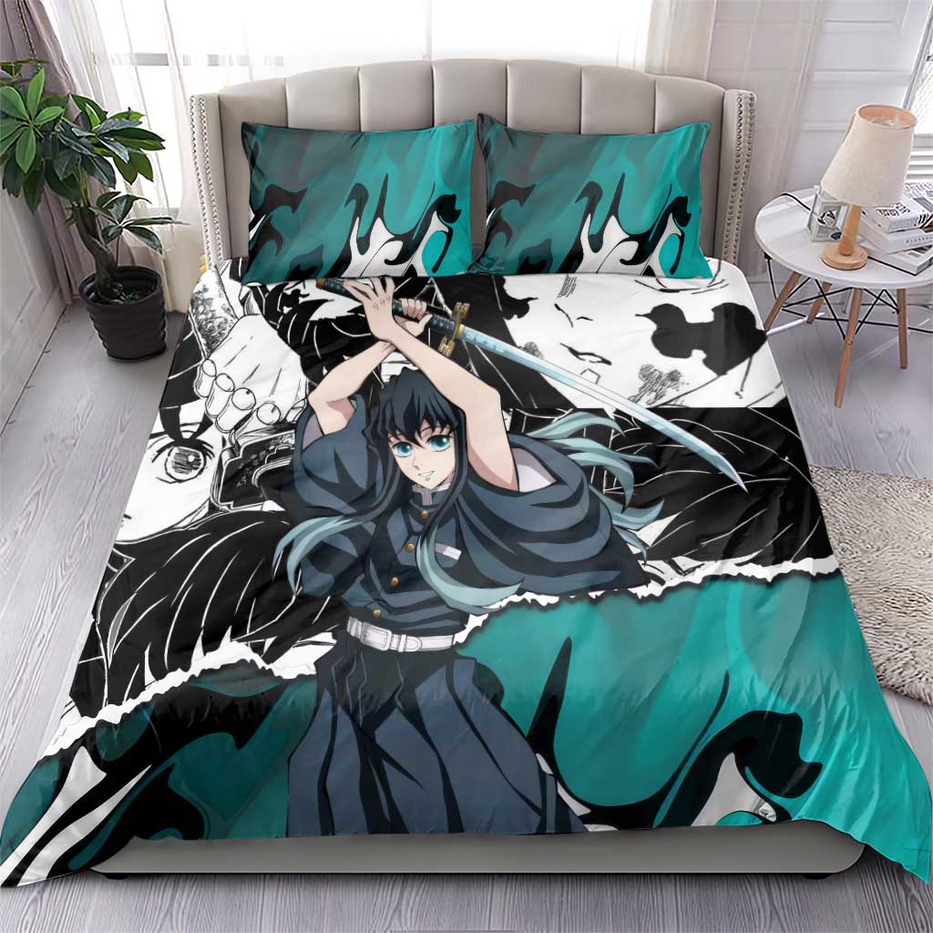 Muichiro Tokito Demon Slayer Mist Hashira Design Bedding Set with Manga Panels and Teal Sword Art - The Mazicc