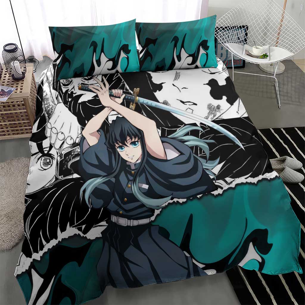 Muichiro Tokito Demon Slayer Mist Hashira Design Bedding Set with Manga Panels and Teal Sword Art - The Mazicc