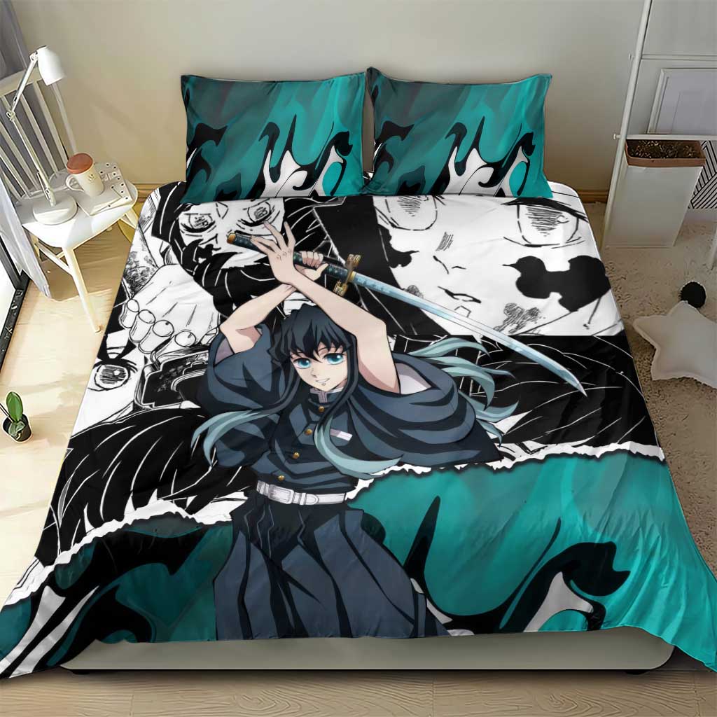 Muichiro Tokito Demon Slayer Mist Hashira Design Bedding Set with Manga Panels and Teal Sword Art - The Mazicc