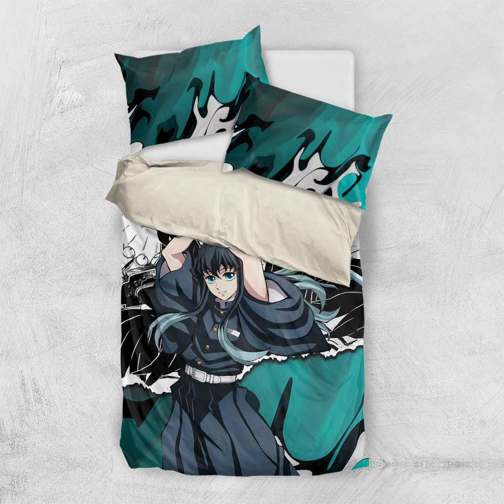 Muichiro Tokito Demon Slayer Mist Hashira Design Bedding Set with Manga Panels and Teal Sword Art - The Mazicc