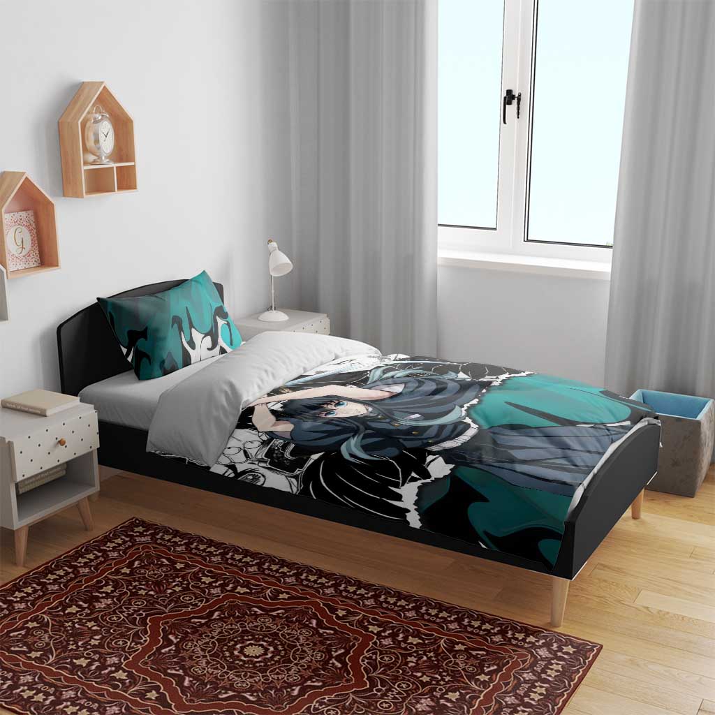 Muichiro Tokito Demon Slayer Mist Hashira Design Bedding Set with Manga Panels and Teal Sword Art - The Mazicc