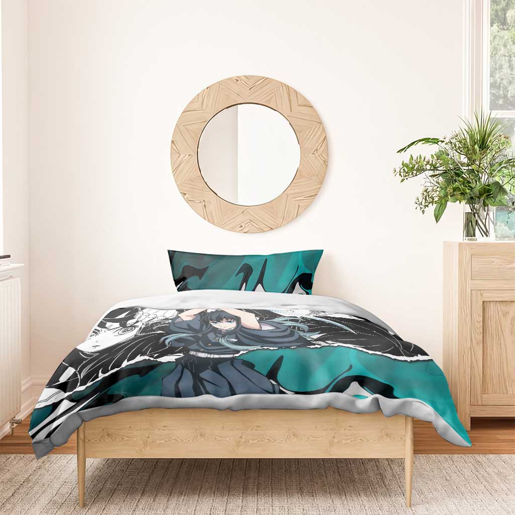 Muichiro Tokito Demon Slayer Mist Hashira Design Bedding Set with Manga Panels and Teal Sword Art - The Mazicc