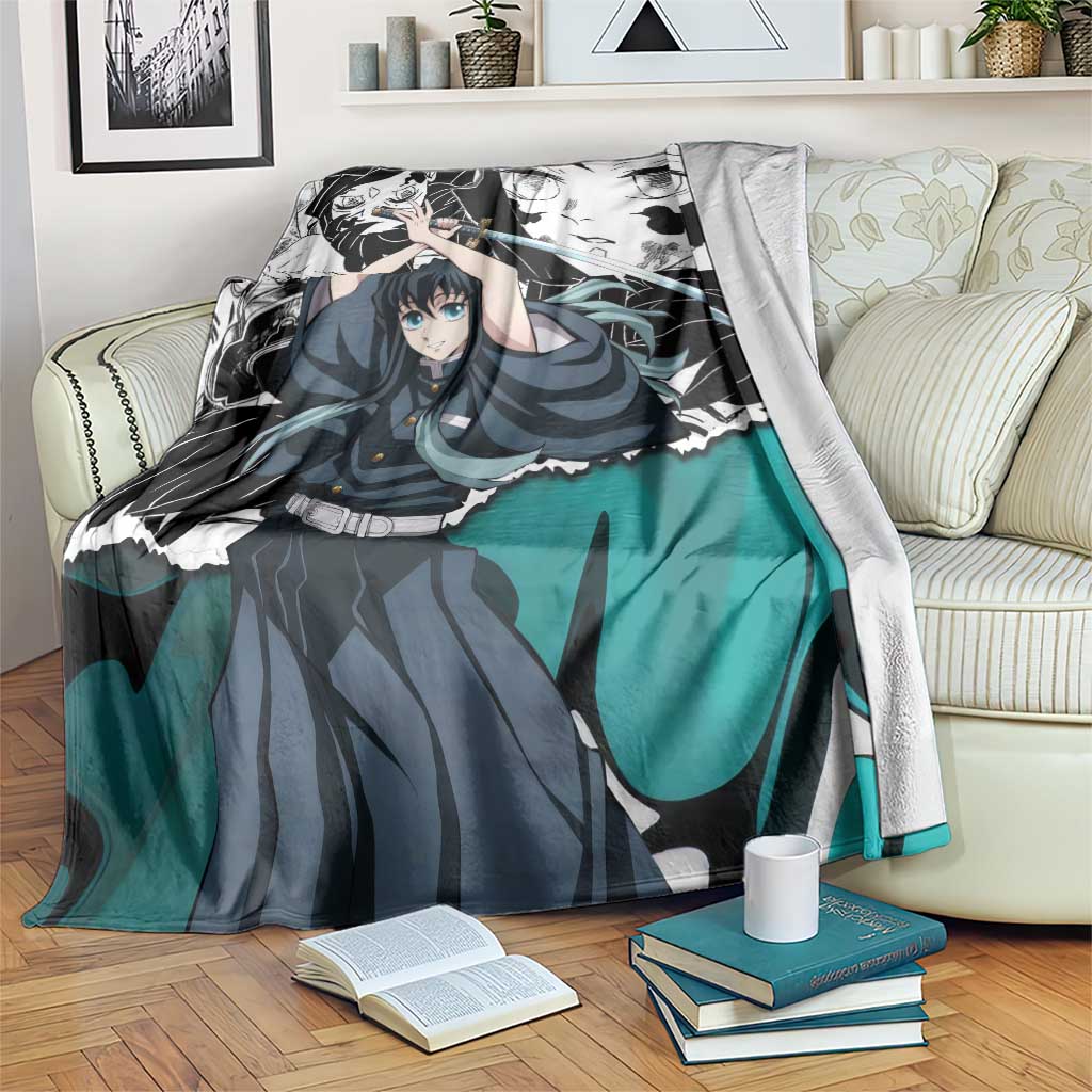 Muichiro Tokito Demon Slayer Mist Hashira Design Blanket with Manga Panels and Teal Sword Art - The Mazicc