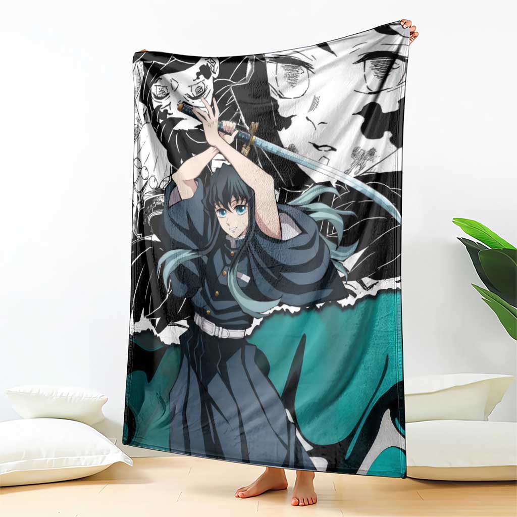 Muichiro Tokito Demon Slayer Mist Hashira Design Blanket with Manga Panels and Teal Sword Art - The Mazicc