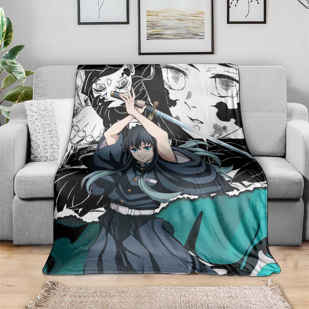 Muichiro Tokito Demon Slayer Mist Hashira Design Blanket with Manga Panels and Teal Sword Art - The Mazicc