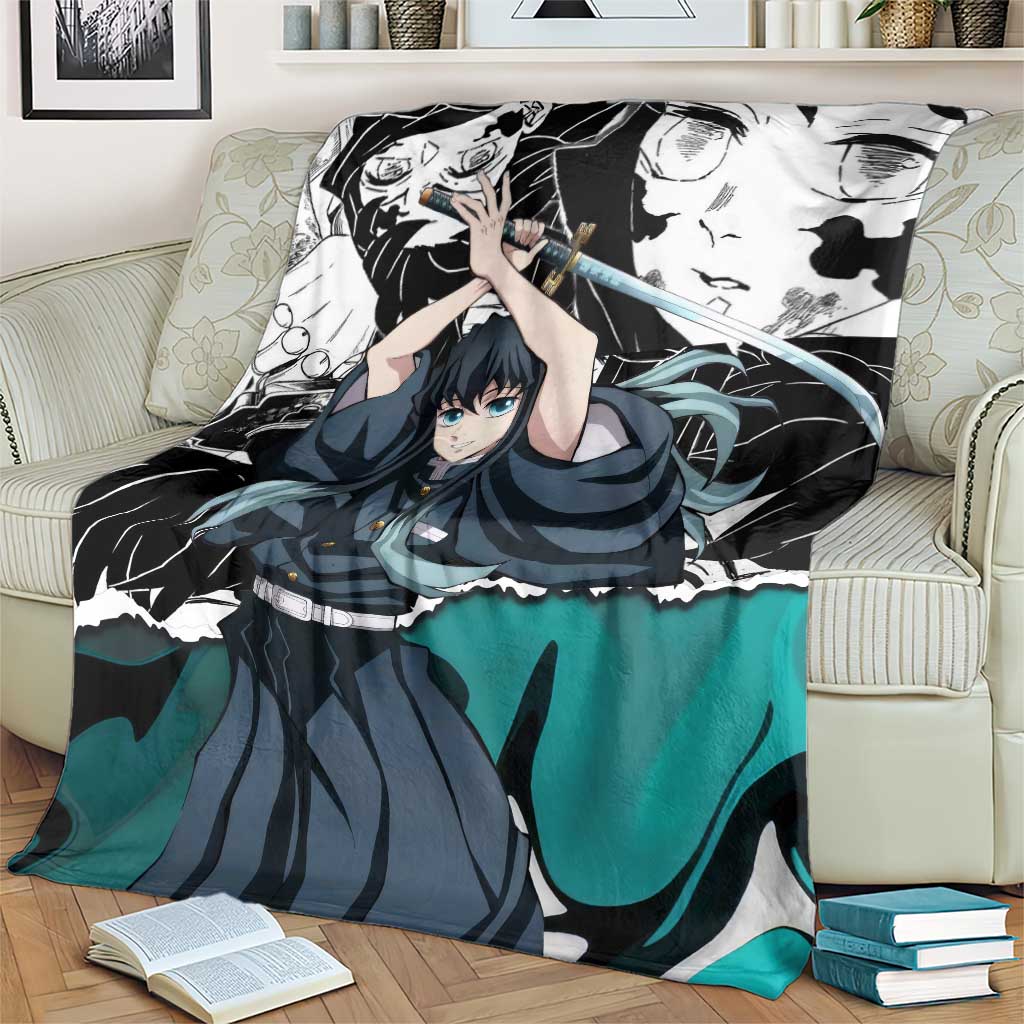 Muichiro Tokito Demon Slayer Mist Hashira Design Blanket with Manga Panels and Teal Sword Art - The Mazicc