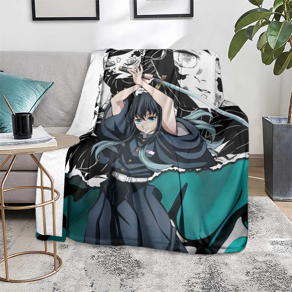 Muichiro Tokito Demon Slayer Mist Hashira Design Blanket with Manga Panels and Teal Sword Art - The Mazicc