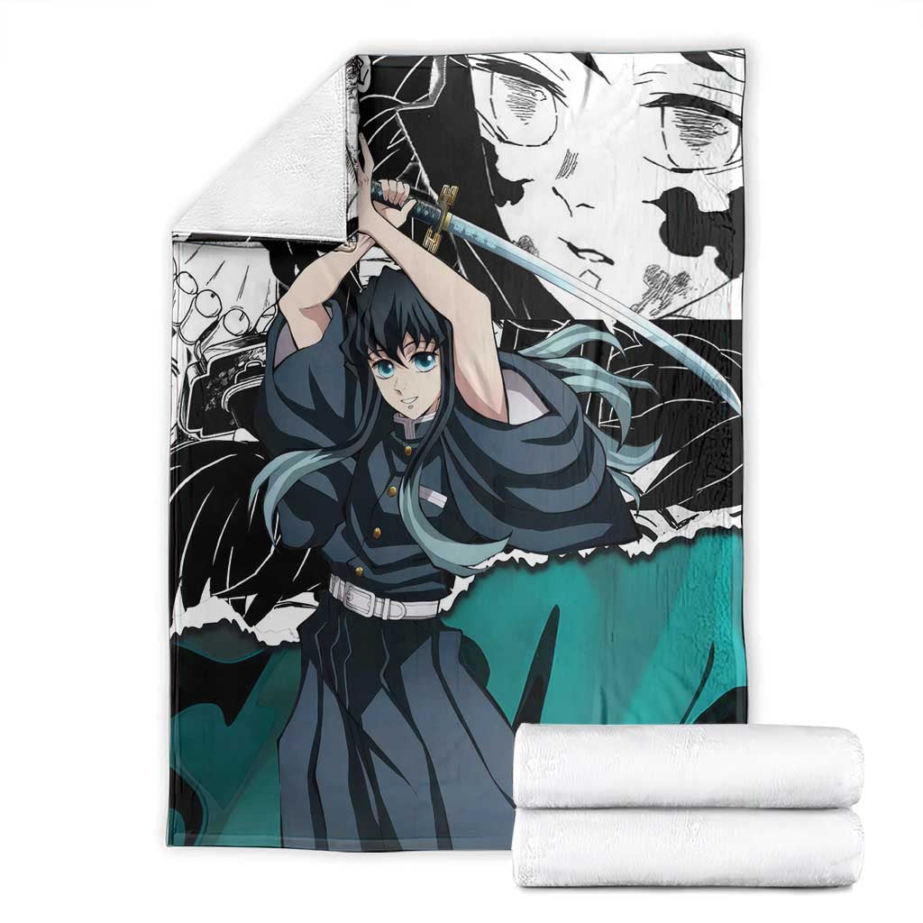 Muichiro Tokito Demon Slayer Mist Hashira Design Blanket with Manga Panels and Teal Sword Art - The Mazicc