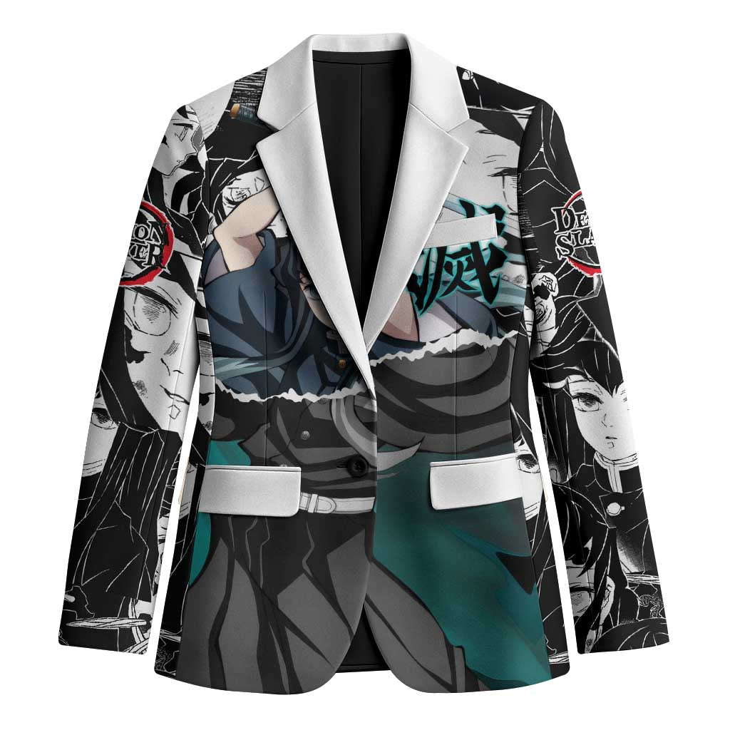 Muichiro Tokito Demon Slayer Mist Hashira Design Blazer with Manga Panels and Teal Sword Art - The Mazicc