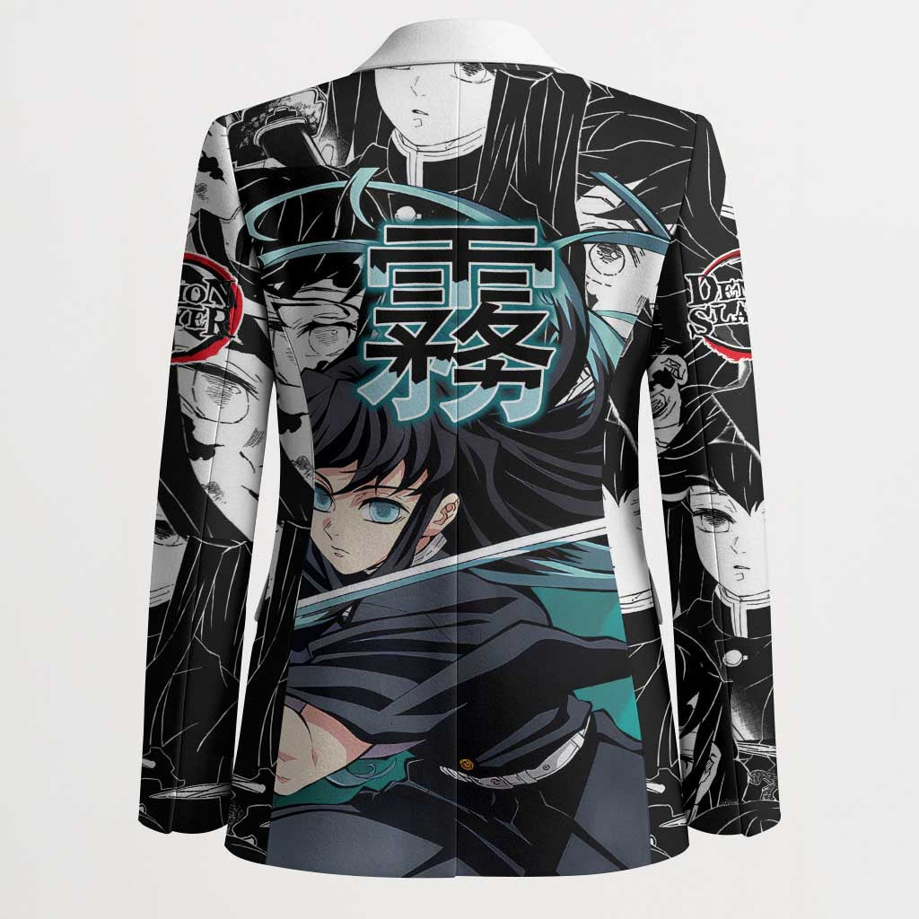 Muichiro Tokito Demon Slayer Mist Hashira Design Blazer with Manga Panels and Teal Sword Art - The Mazicc