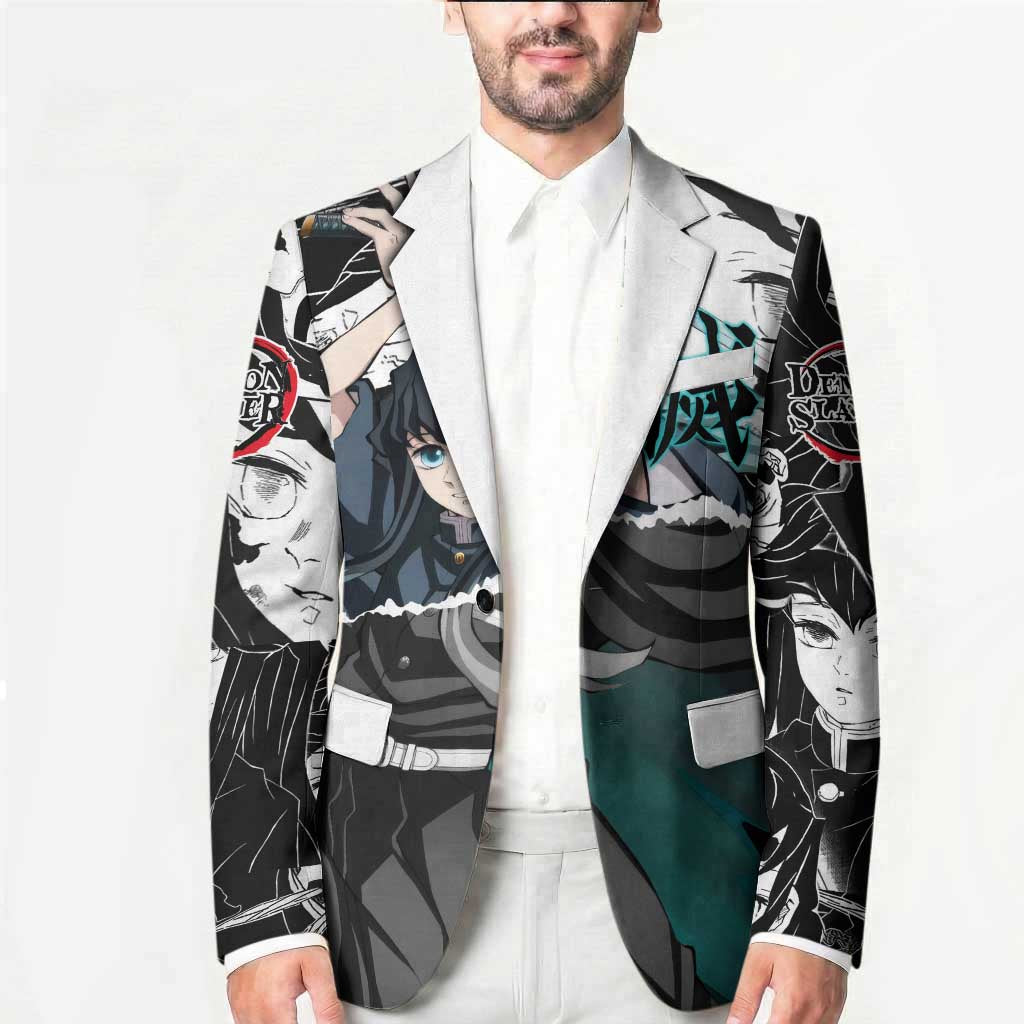 Muichiro Tokito Demon Slayer Mist Hashira Design Blazer with Manga Panels and Teal Sword Art - The Mazicc