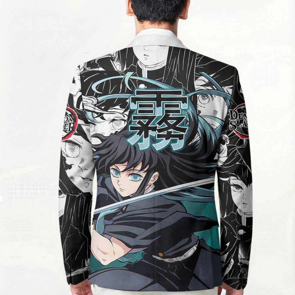 Muichiro Tokito Demon Slayer Mist Hashira Design Blazer with Manga Panels and Teal Sword Art - The Mazicc