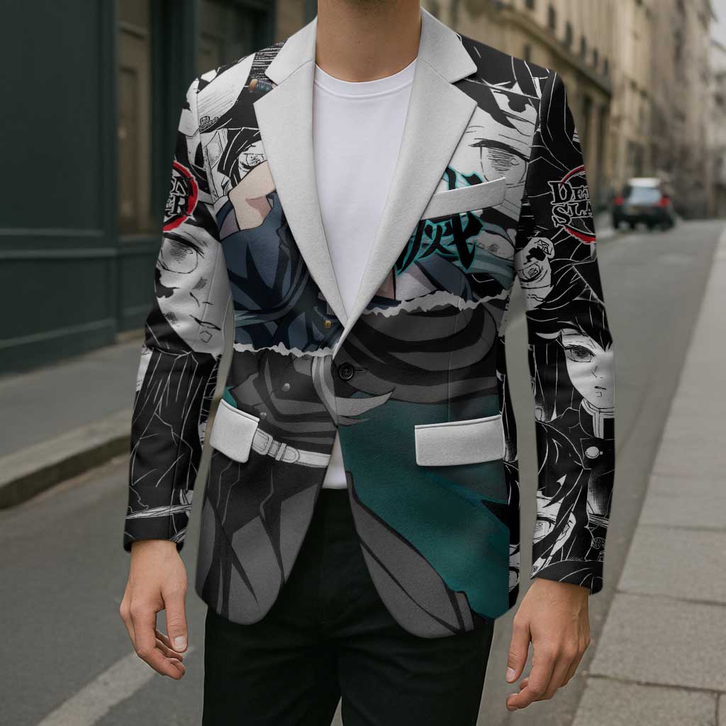 Muichiro Tokito Demon Slayer Mist Hashira Design Blazer with Manga Panels and Teal Sword Art - The Mazicc