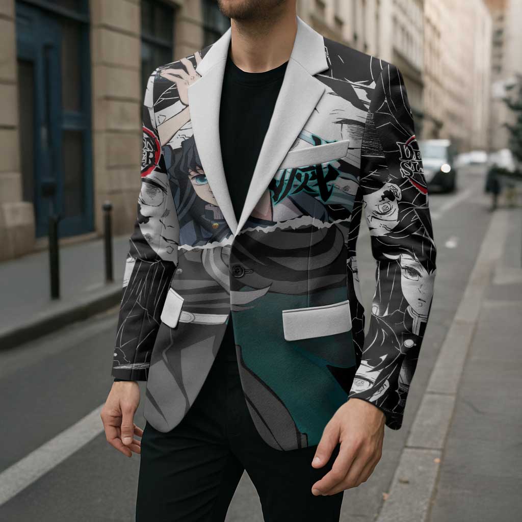 Muichiro Tokito Demon Slayer Mist Hashira Design Blazer with Manga Panels and Teal Sword Art - The Mazicc
