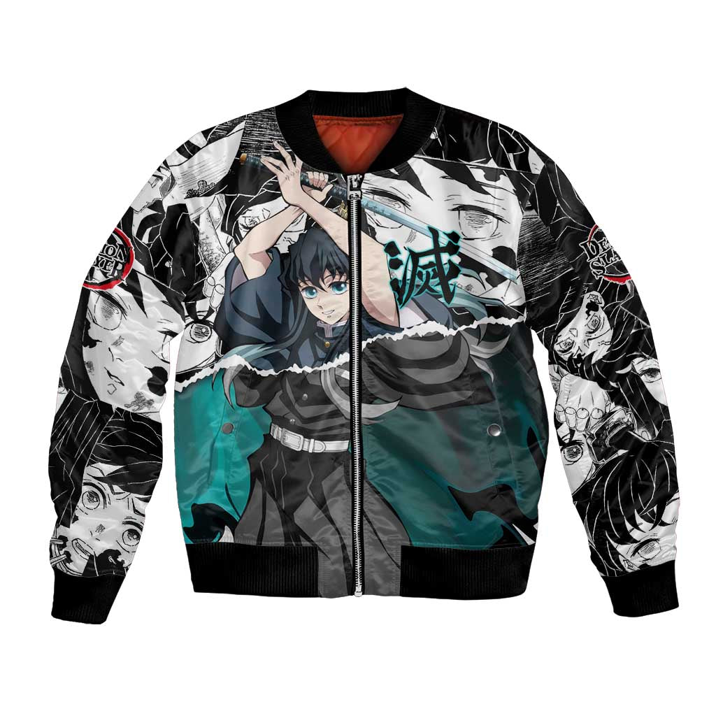 Muichiro Tokito Demon Slayer Mist Hashira Design Bomber Jacket with Manga Panels and Teal Sword Art - The Mazicc