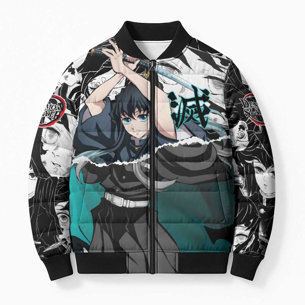 Muichiro Tokito Demon Slayer Mist Hashira Design Bomber Puffer Jacket with Manga Panels and Teal Sword Art - The Mazicc