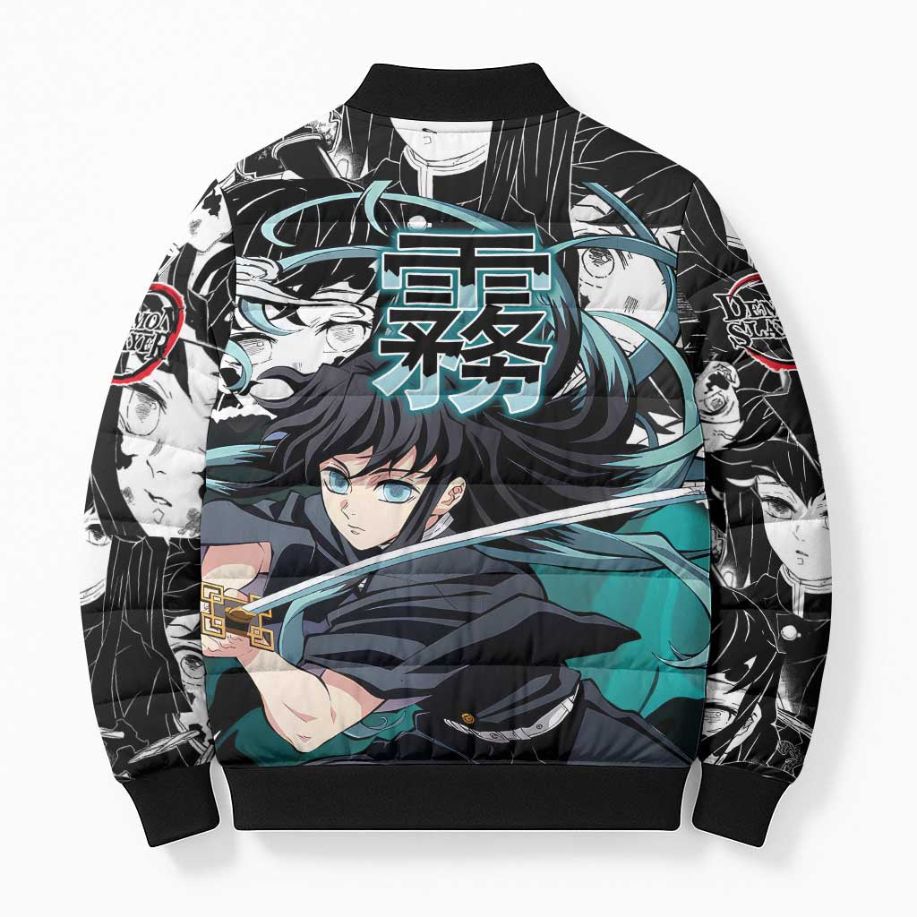 Muichiro Tokito Demon Slayer Mist Hashira Design Bomber Puffer Jacket with Manga Panels and Teal Sword Art - The Mazicc