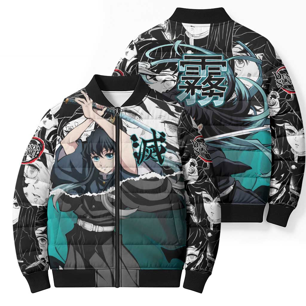 Muichiro Tokito Demon Slayer Mist Hashira Design Bomber Puffer Jacket with Manga Panels and Teal Sword Art - The Mazicc