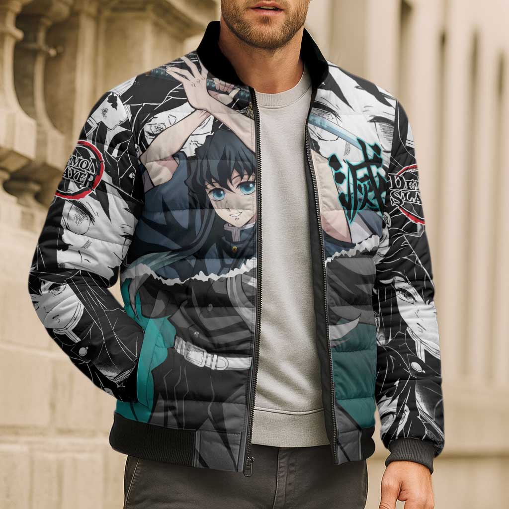 Muichiro Tokito Demon Slayer Mist Hashira Design Bomber Puffer Jacket with Manga Panels and Teal Sword Art - The Mazicc