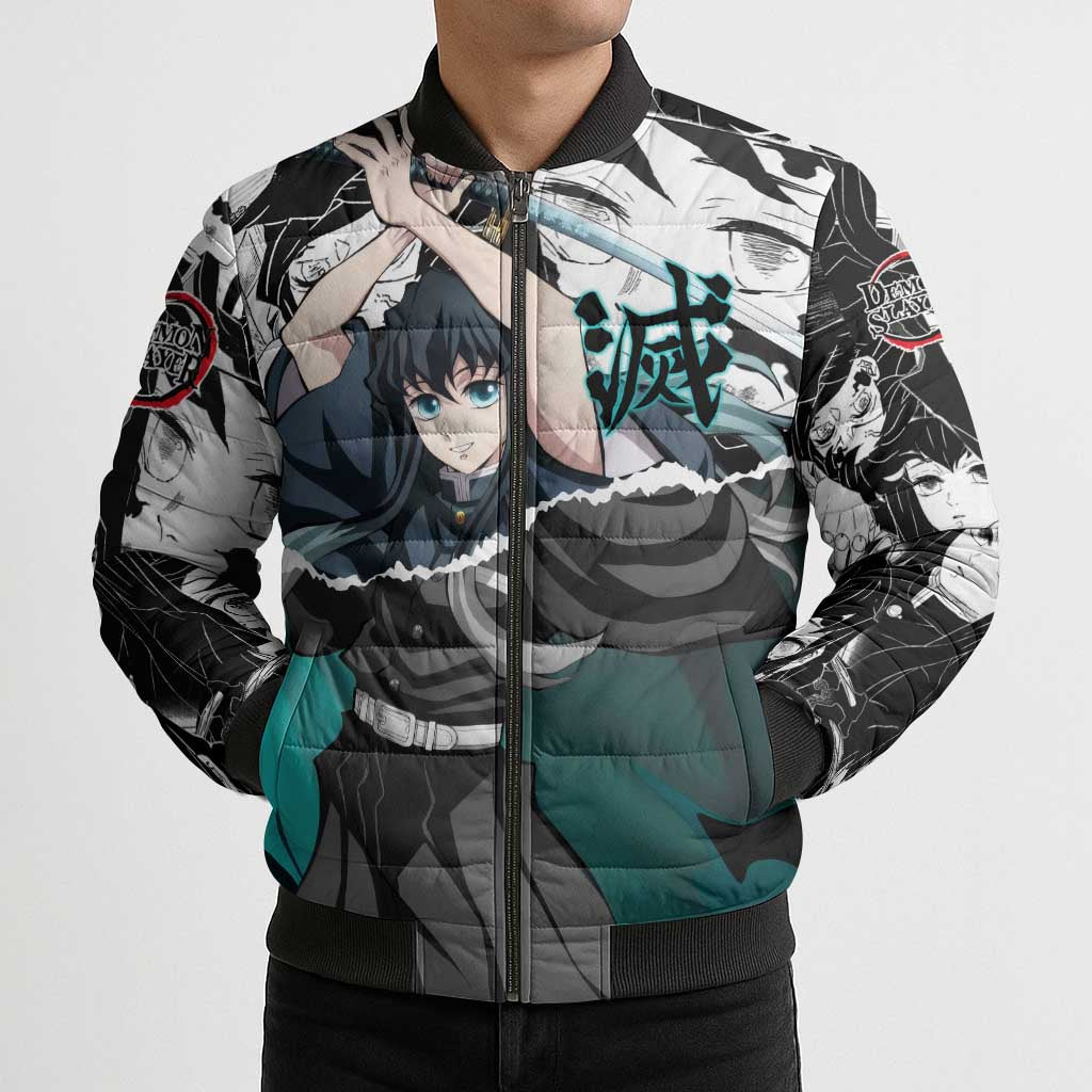 Muichiro Tokito Demon Slayer Mist Hashira Design Bomber Puffer Jacket with Manga Panels and Teal Sword Art - The Mazicc