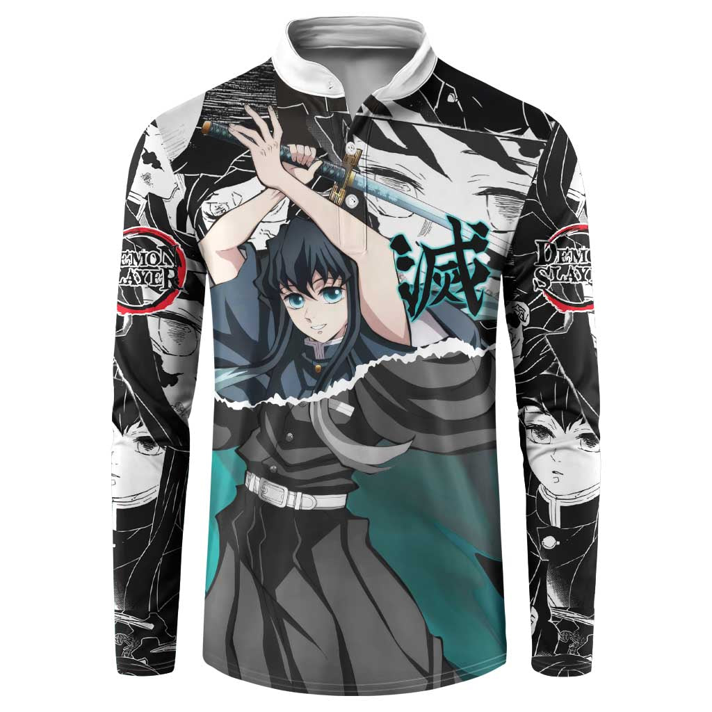 Muichiro Tokito Demon Slayer Mist Hashira Design Button Sweatshirt with Manga Panels and Teal Sword Art - The Mazicc