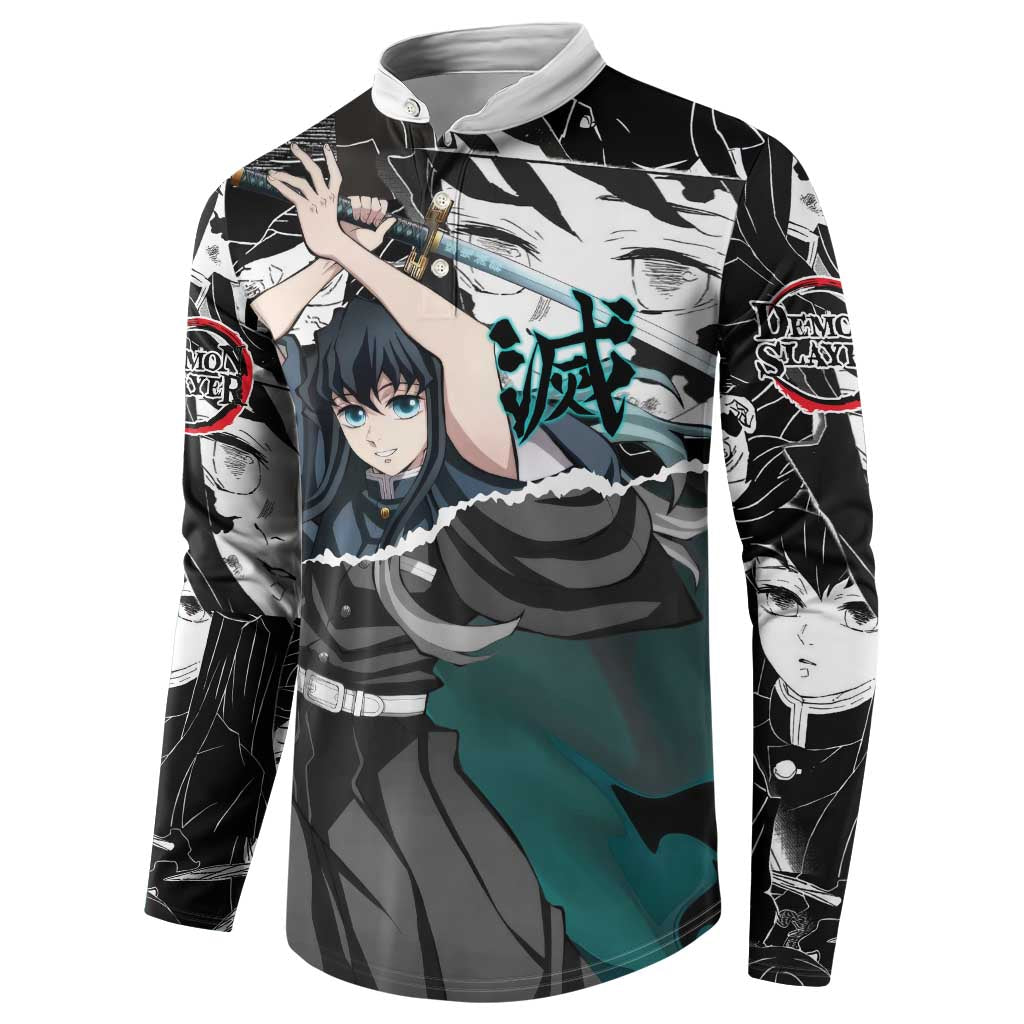 Muichiro Tokito Demon Slayer Mist Hashira Design Button Sweatshirt with Manga Panels and Teal Sword Art - The Mazicc