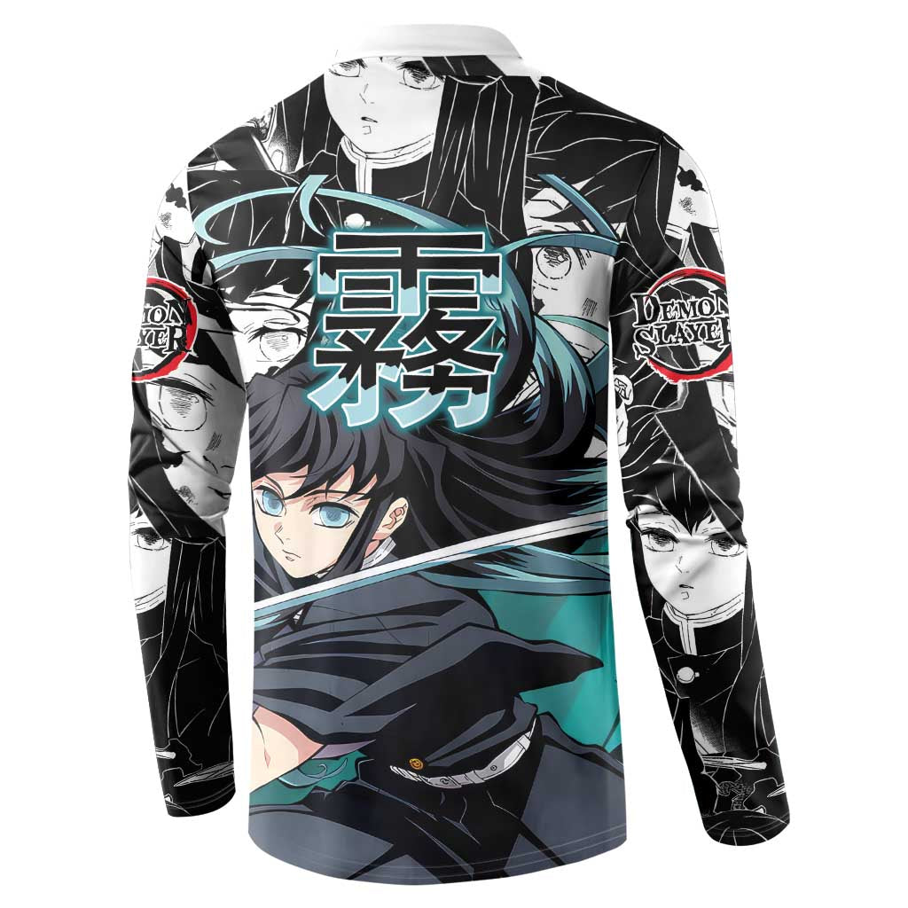 Muichiro Tokito Demon Slayer Mist Hashira Design Button Sweatshirt with Manga Panels and Teal Sword Art - The Mazicc
