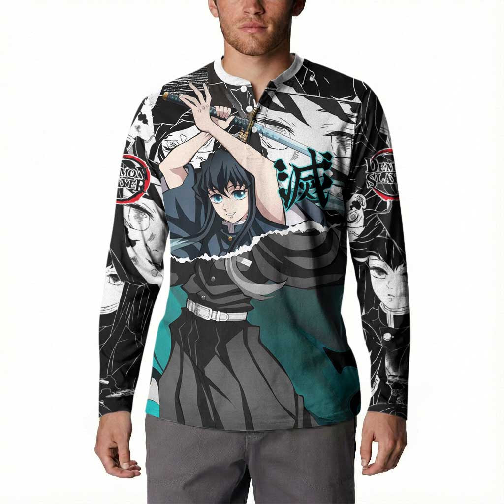 Muichiro Tokito Demon Slayer Mist Hashira Design Button Sweatshirt with Manga Panels and Teal Sword Art - The Mazicc
