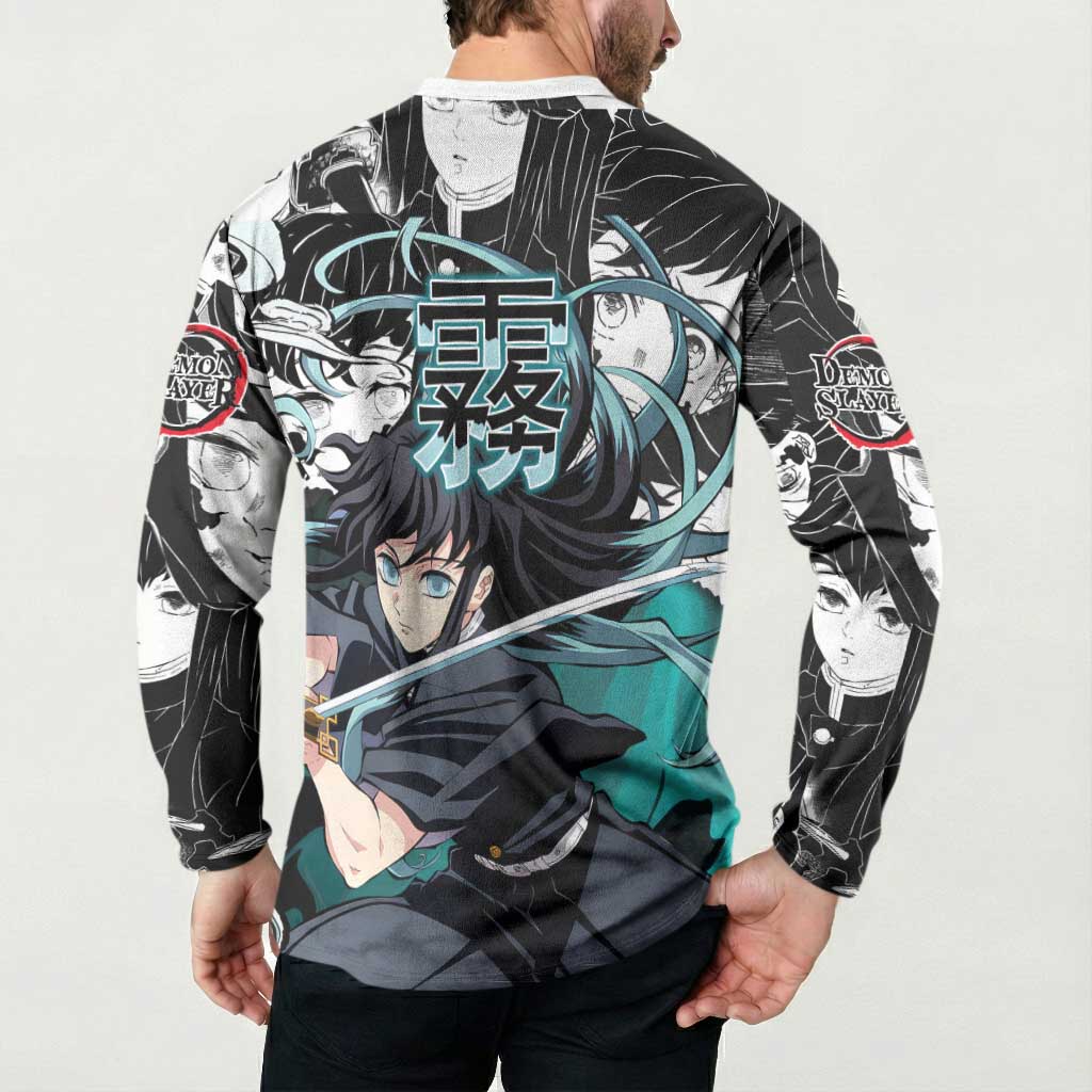 Muichiro Tokito Demon Slayer Mist Hashira Design Button Sweatshirt with Manga Panels and Teal Sword Art - The Mazicc