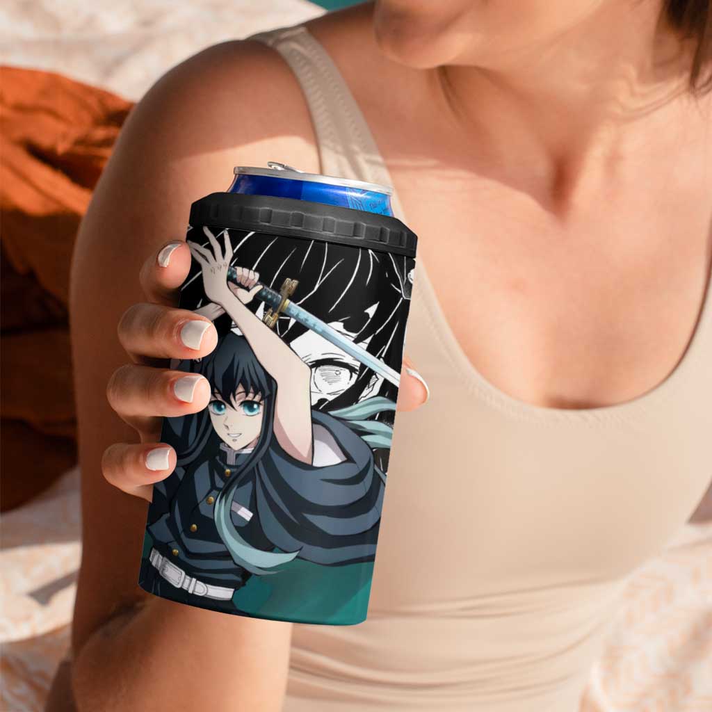 Muichiro Tokito Demon Slayer Mist Hashira Design 4 in 1 Can Cooler Tumbler with Manga Panels and Teal Sword Art - The Mazicc