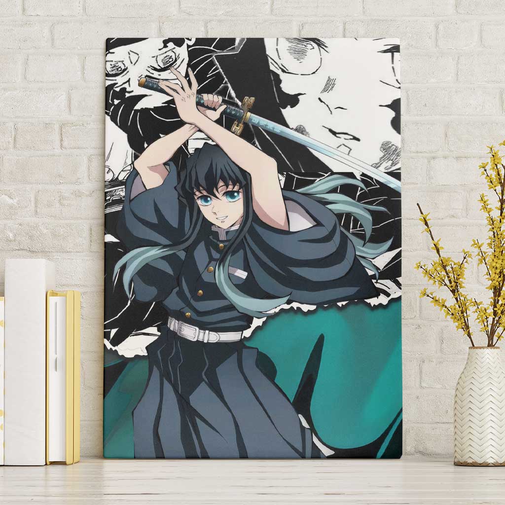 Muichiro Tokito Demon Slayer Mist Hashira Design Canvas Wall Art with Manga Panels and Teal Sword Art - The Mazicc