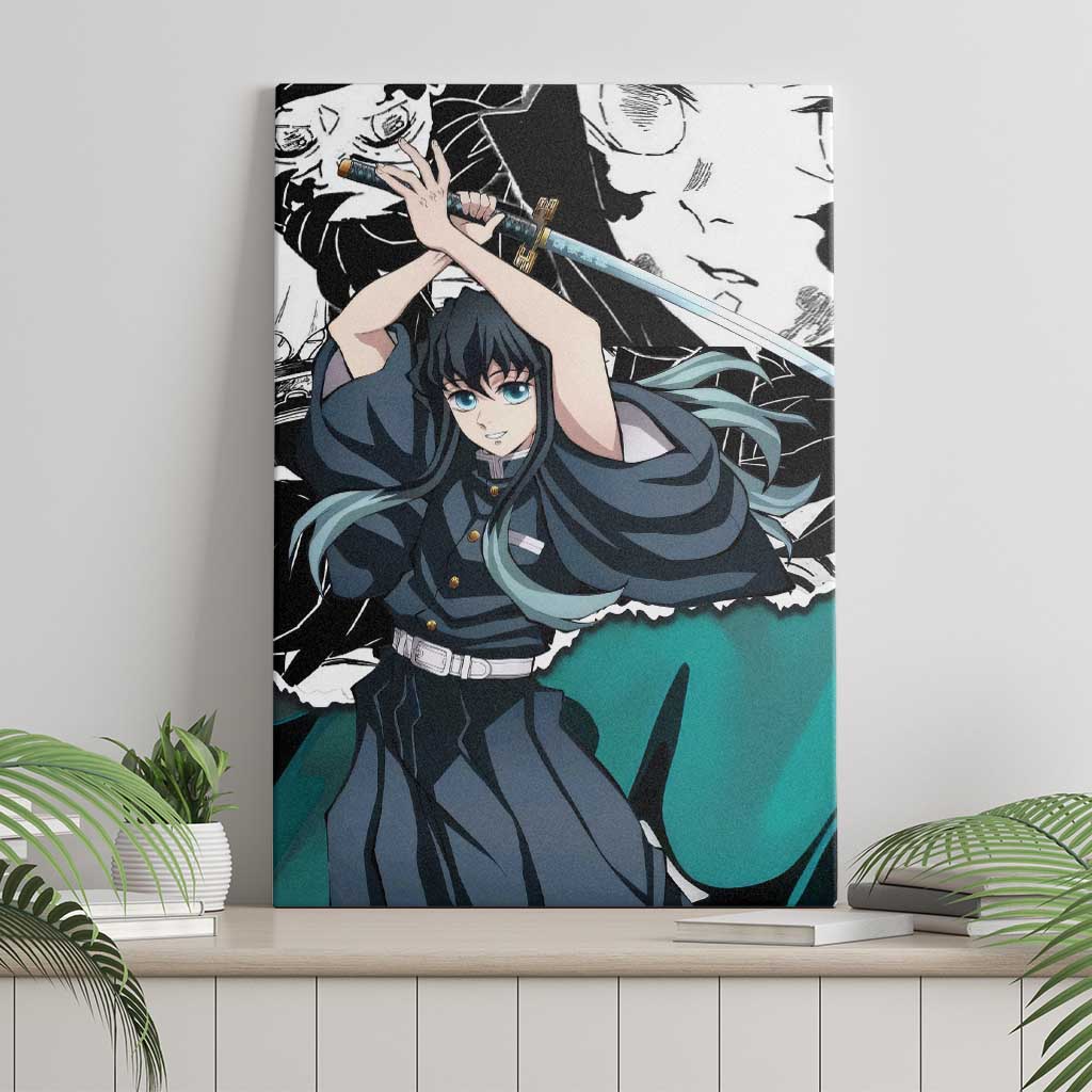 Muichiro Tokito Demon Slayer Mist Hashira Design Canvas Wall Art with Manga Panels and Teal Sword Art - The Mazicc