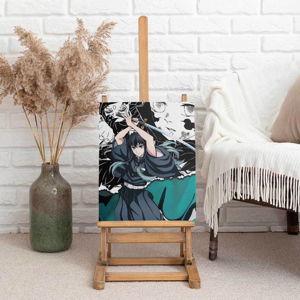 Muichiro Tokito Demon Slayer Mist Hashira Design Canvas Wall Art with Manga Panels and Teal Sword Art - The Mazicc