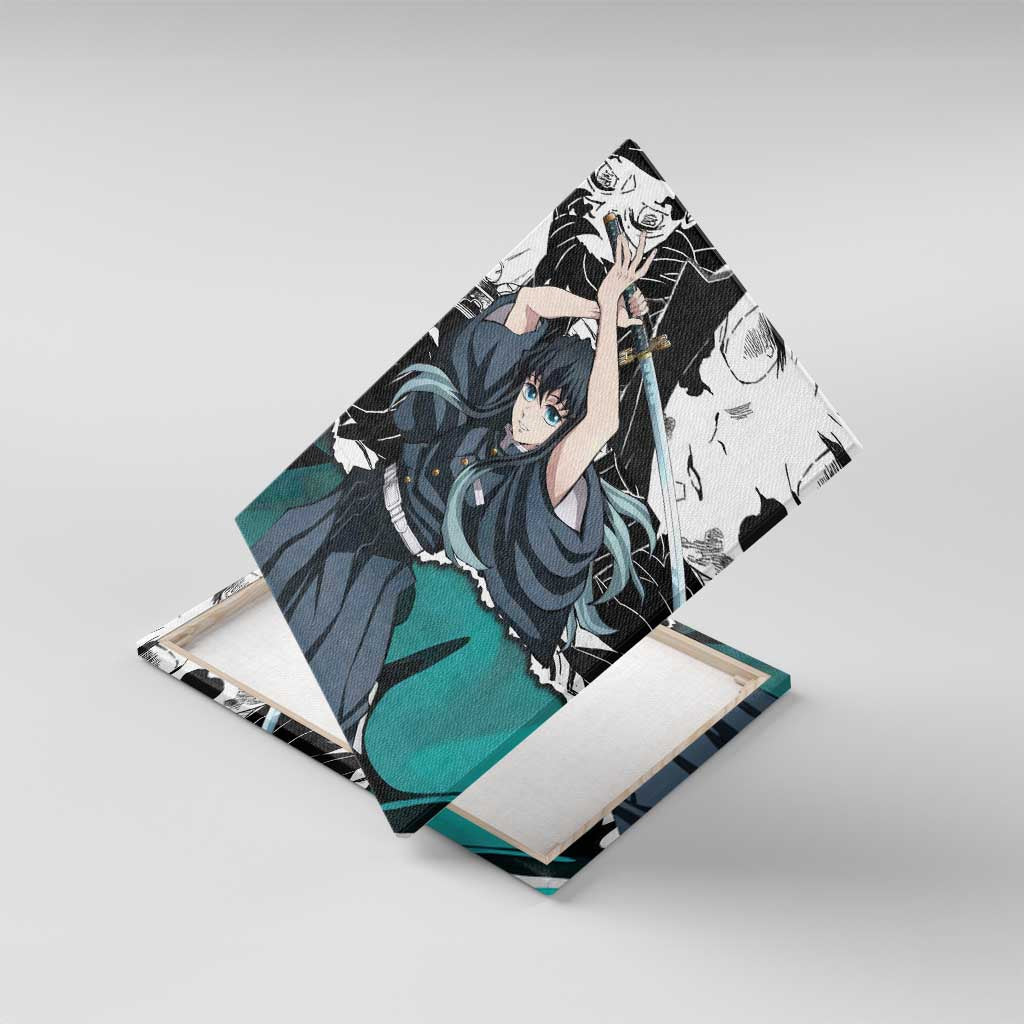 Muichiro Tokito Demon Slayer Mist Hashira Design Canvas Wall Art with Manga Panels and Teal Sword Art - The Mazicc