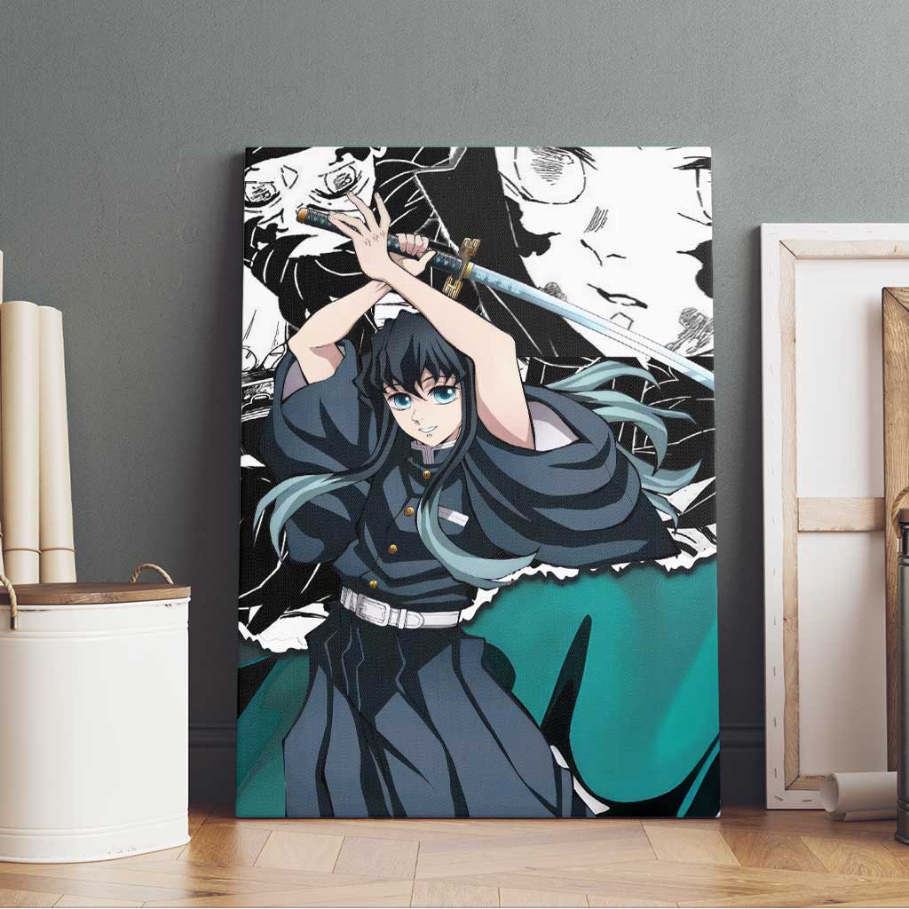 Muichiro Tokito Demon Slayer Mist Hashira Design Canvas Wall Art with Manga Panels and Teal Sword Art - The Mazicc